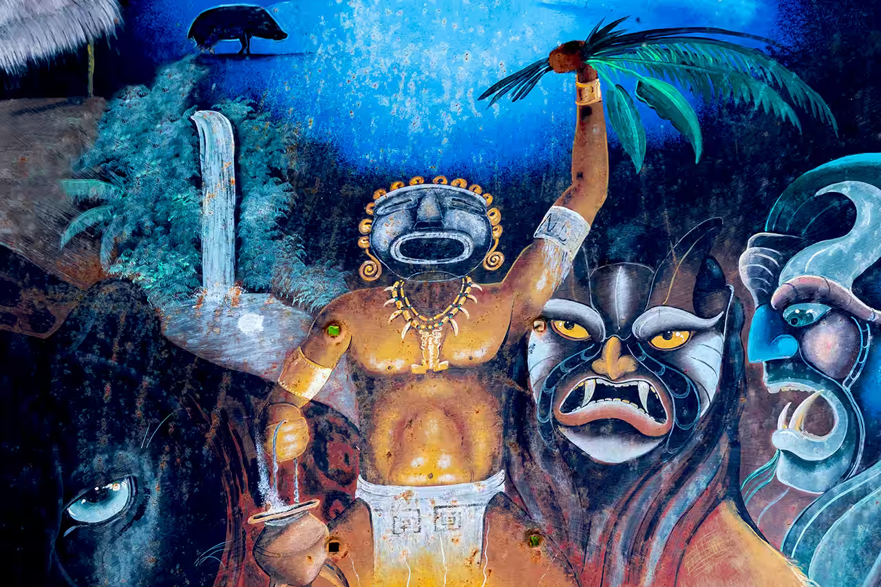 Traditional Boruca painting featuring colorful cultural motifs, Costa Rica