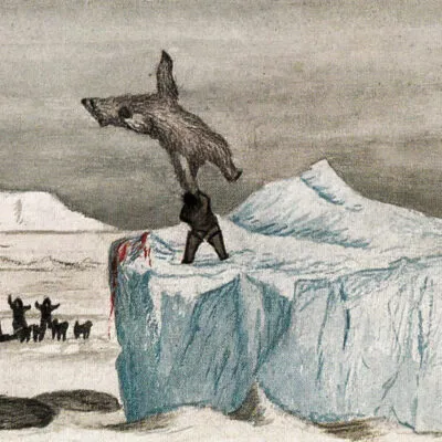 Kassassuk killing a bear, painting by Greenlandic artist Jakob Danielsen depicting a traditional Inuit hunt in Greenland