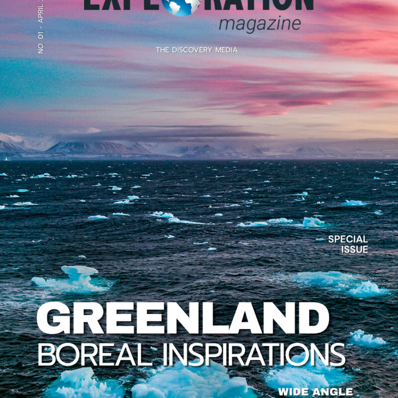 Exploration Magazine cover featuring Greenland, April 2026, an icy landscape, and the main cover line