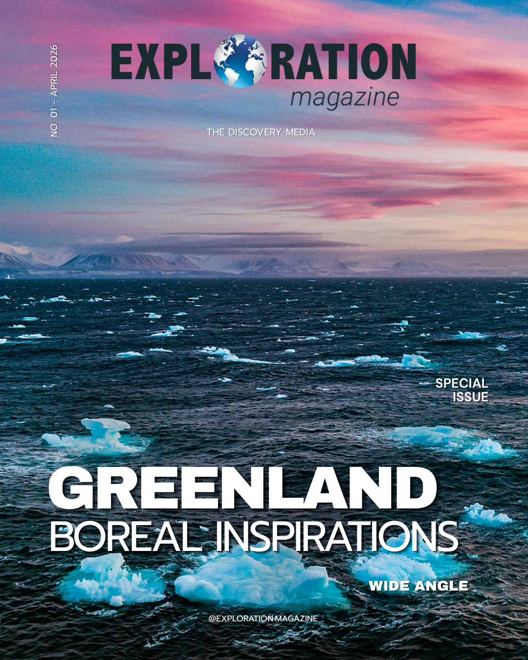 Exploration Magazine cover featuring Greenland, April 2026, an icy landscape, and the main cover line