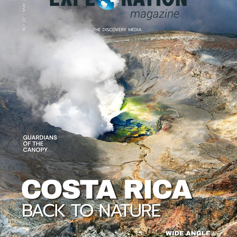 Exploration Magazine cover featuring Costa Rica, May 2026, volcano Poàs and the main cover line