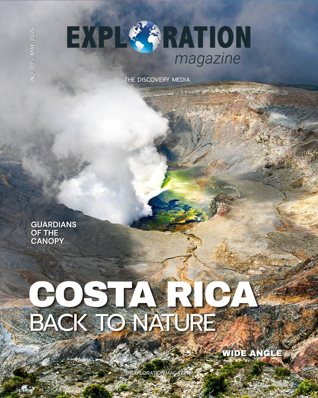 Exploration Magazine cover featuring Costa Rica, May 2026, volcano Poàs and the main cover line