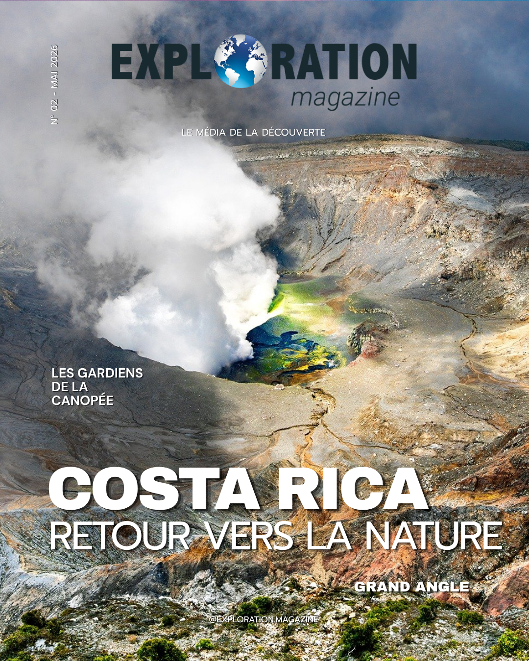 Couverture Exploration Magazine Costa Rica, mai 2026, avec volcan Poàs et titre principal