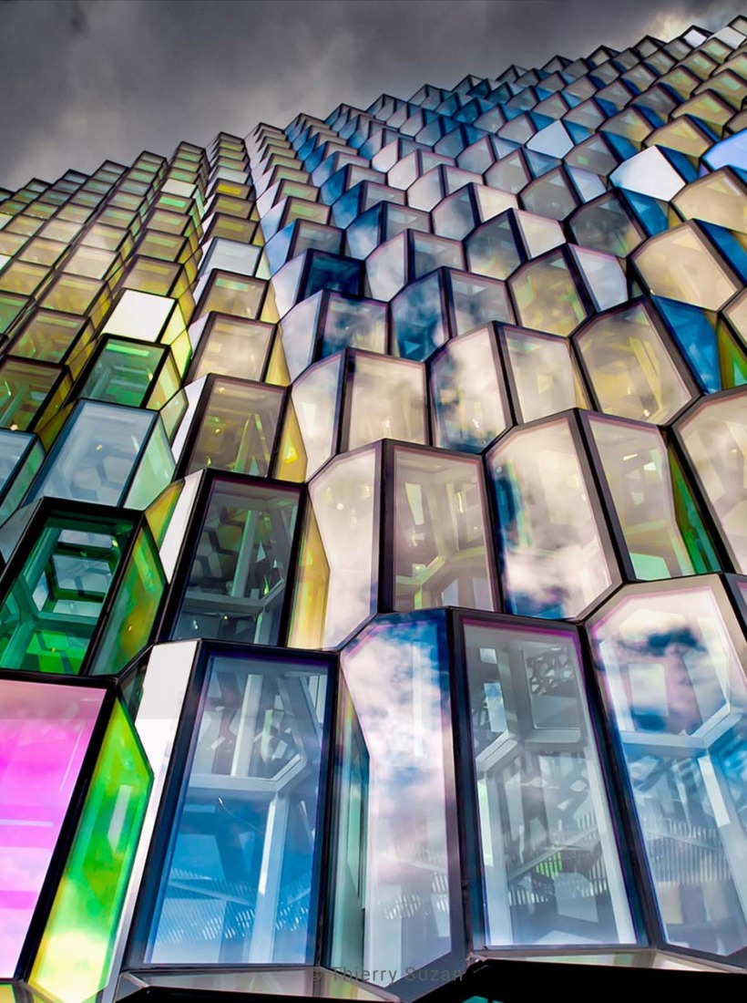 Glass facade of the Harpa Concert Hall in Reykjavik