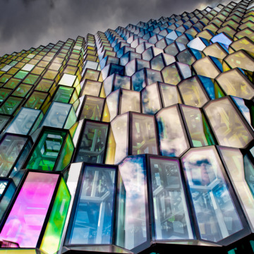 Glass facade of the Harpa Concert Hall in Reykjavik