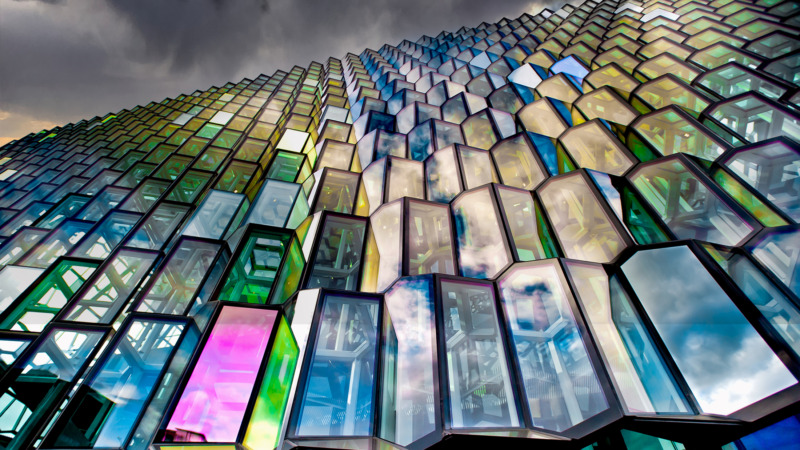Glass facade of the Harpa Concert Hall in Reykjavik