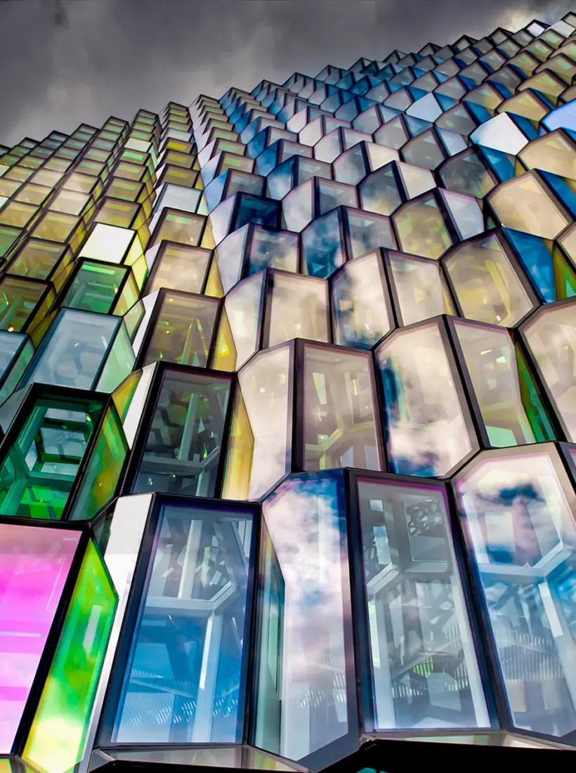 Glass facade of the Harpa Concert Hall in Reykjavik