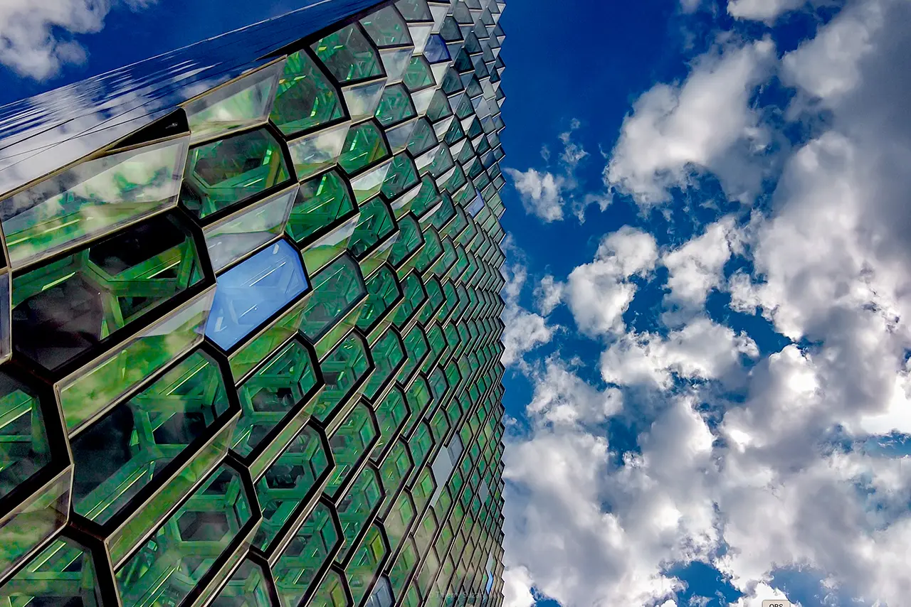 Glass honeycomb-style structure of the Harpa building in Reykjavik, Iceland