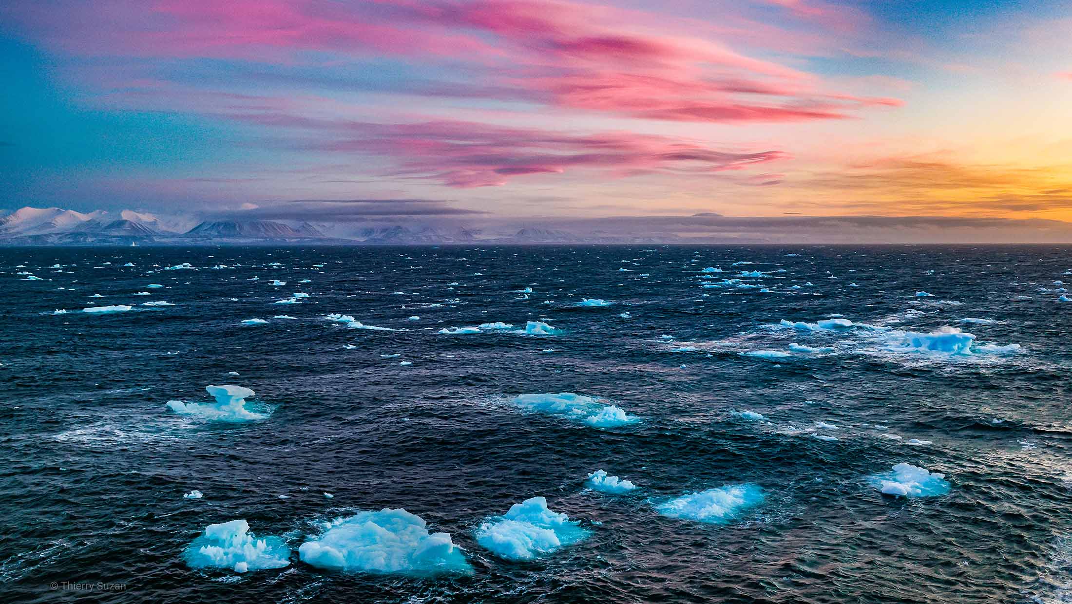 Icebergs under pink and golden Arctic skies, West Greenland coast