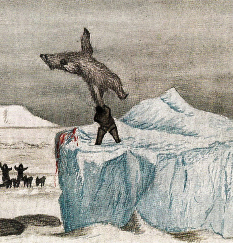 Kassassuk tuant un ours, peinture de Jakob Danielsen représentant une scène de chasse traditionnelle inuite au Groenland