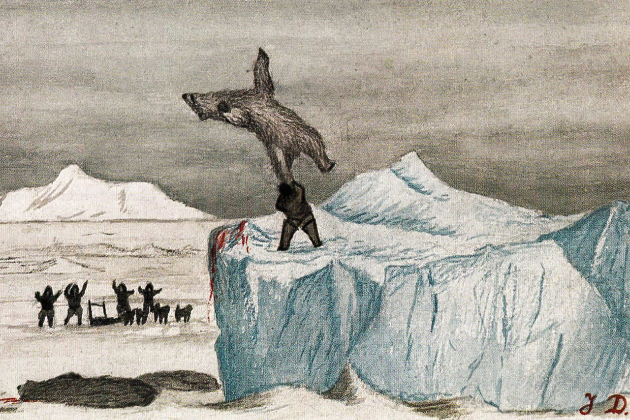 Kassassuk tuant un ours, peinture de Jakob Danielsen représentant une scène de chasse traditionnelle inuite au Groenland