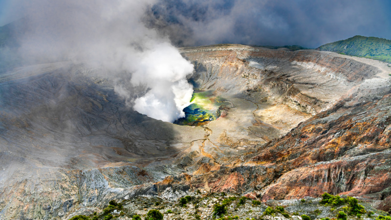Active crater of Poás volcano with its acid lake, Costa Rica