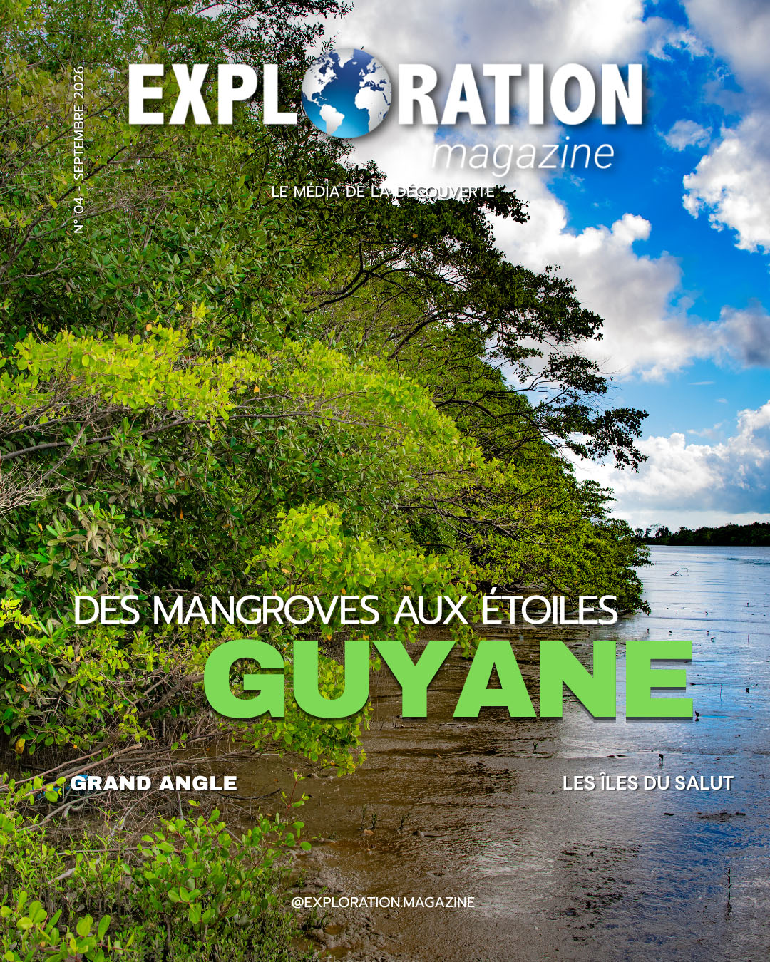 Couverture Exploration Magazine Guyane, septembre 2026, avec la mangrove du fleuve Maroni et titre principal