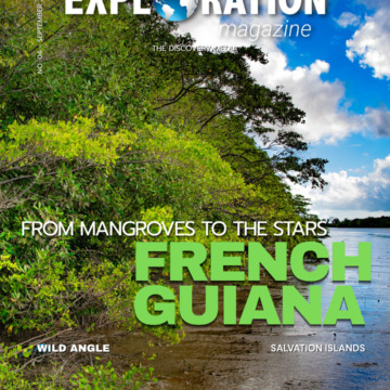 Exploration Magazine cover, French Guiana, September 2026, featuring the Maroni River mangrove and main headline