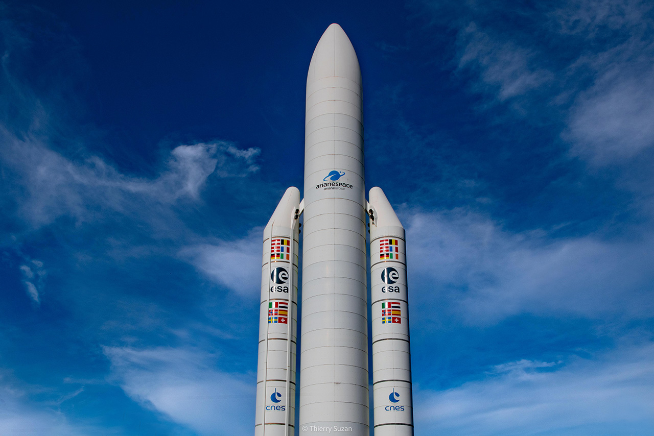Ariane rocket standing on its launch pad at the Guiana Space Centre, Kourou, French Guiana, ready for its next launch beneath a tropical sky